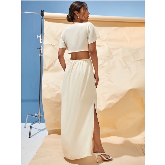 Tie Front Cut Out High Slit Beige Maxi Dress Boho - Picture 7 of 12